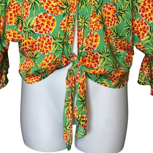 Skies Are Blue Tropical Blouse Large Top Pineapple Print Tie Waist Kimono Sleeve - Picture 8 of 12